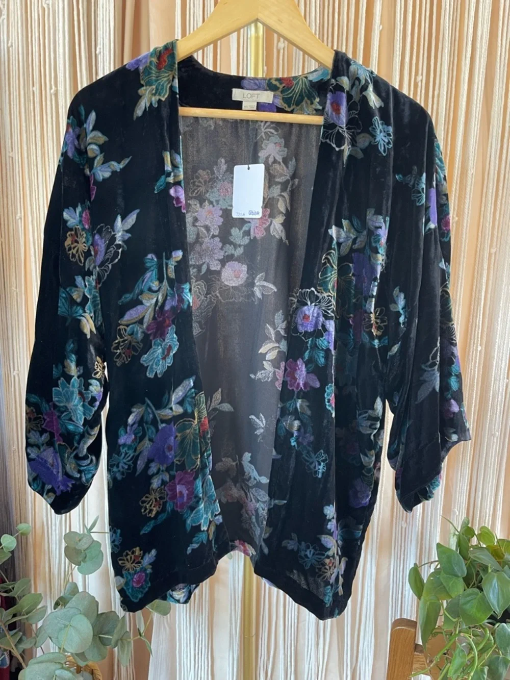 LOFT black velvet floral kimono open cardigan vibrant multicolor jewel tone - Picture 6 of 10